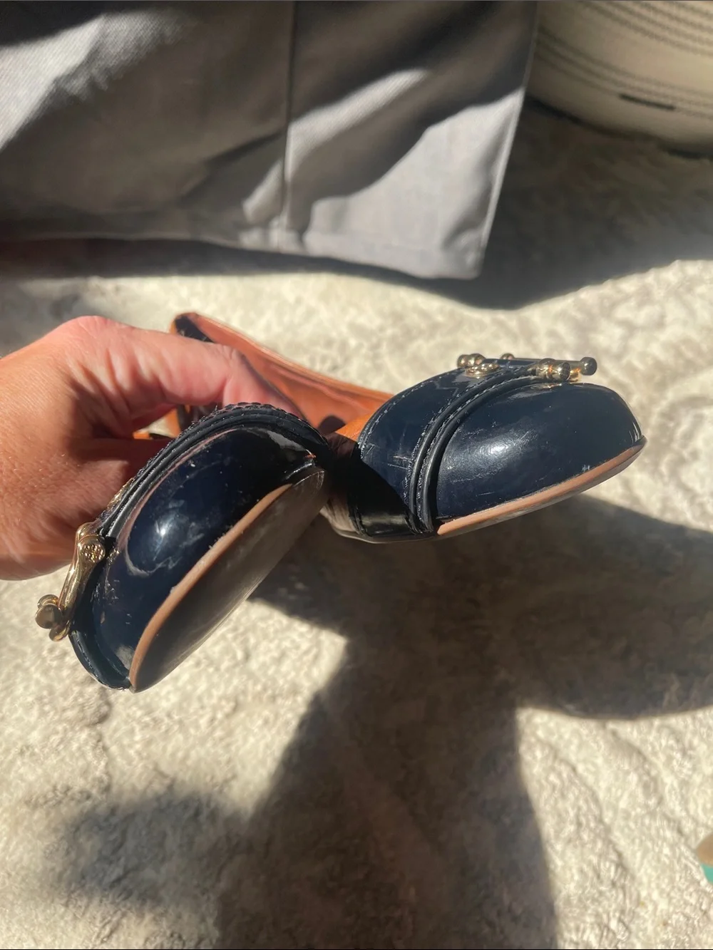 Tory Burch Brown Leather & Black Patent Toe Ballet Flats with Gold Buckle size 8